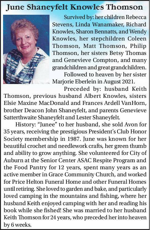 June Shaneyfelt Knowles Thomson | Obituary