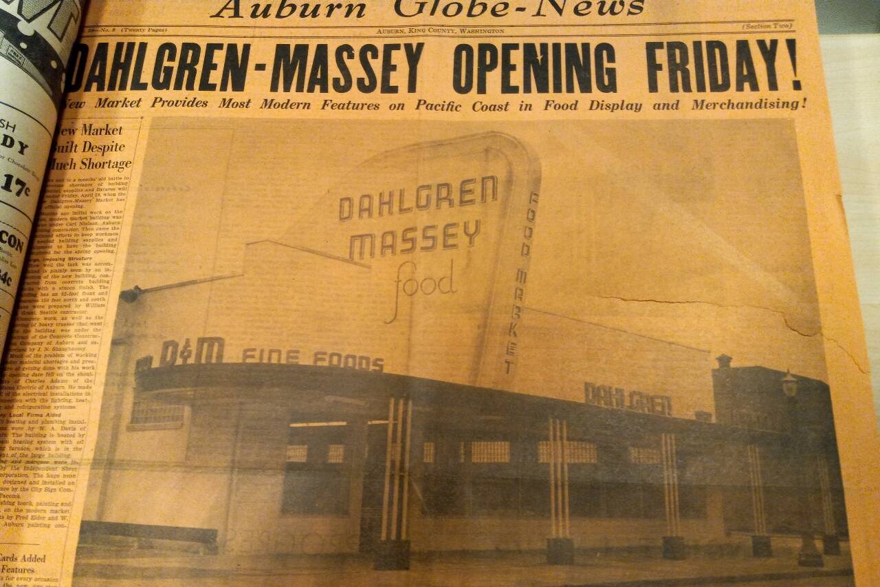 The April 17 edition of the old Auburn Globe advances the opening of Dahlgren-Massey Fine Foods two days later. Photo from the White River Valley Museum collection