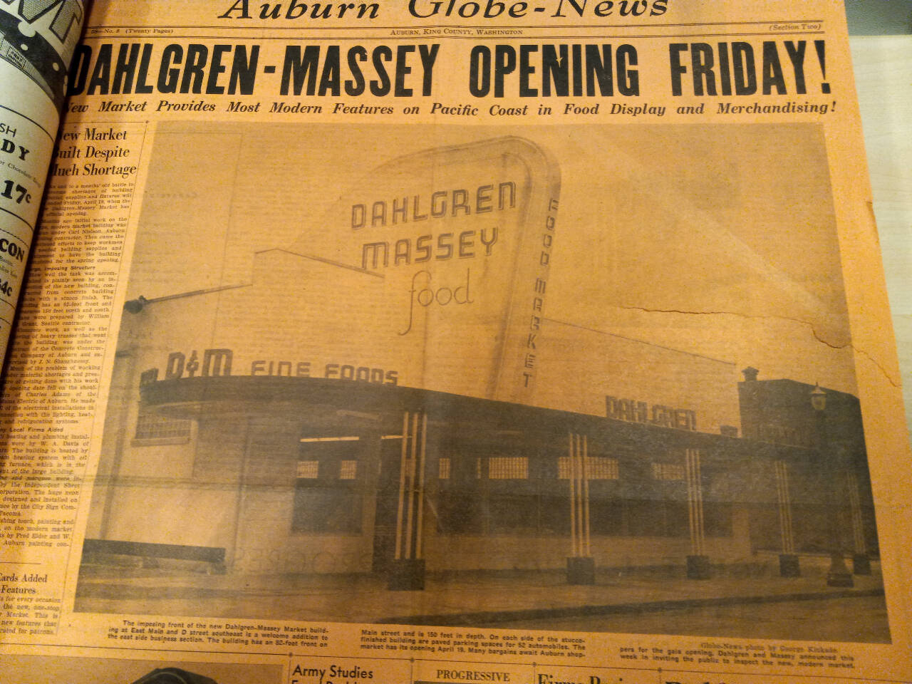 The April 17 edition of the old Auburn Globe advances the opening of Dahlgren-Massey Fine Foods two days later. Photo from the White River Valley Museum collection