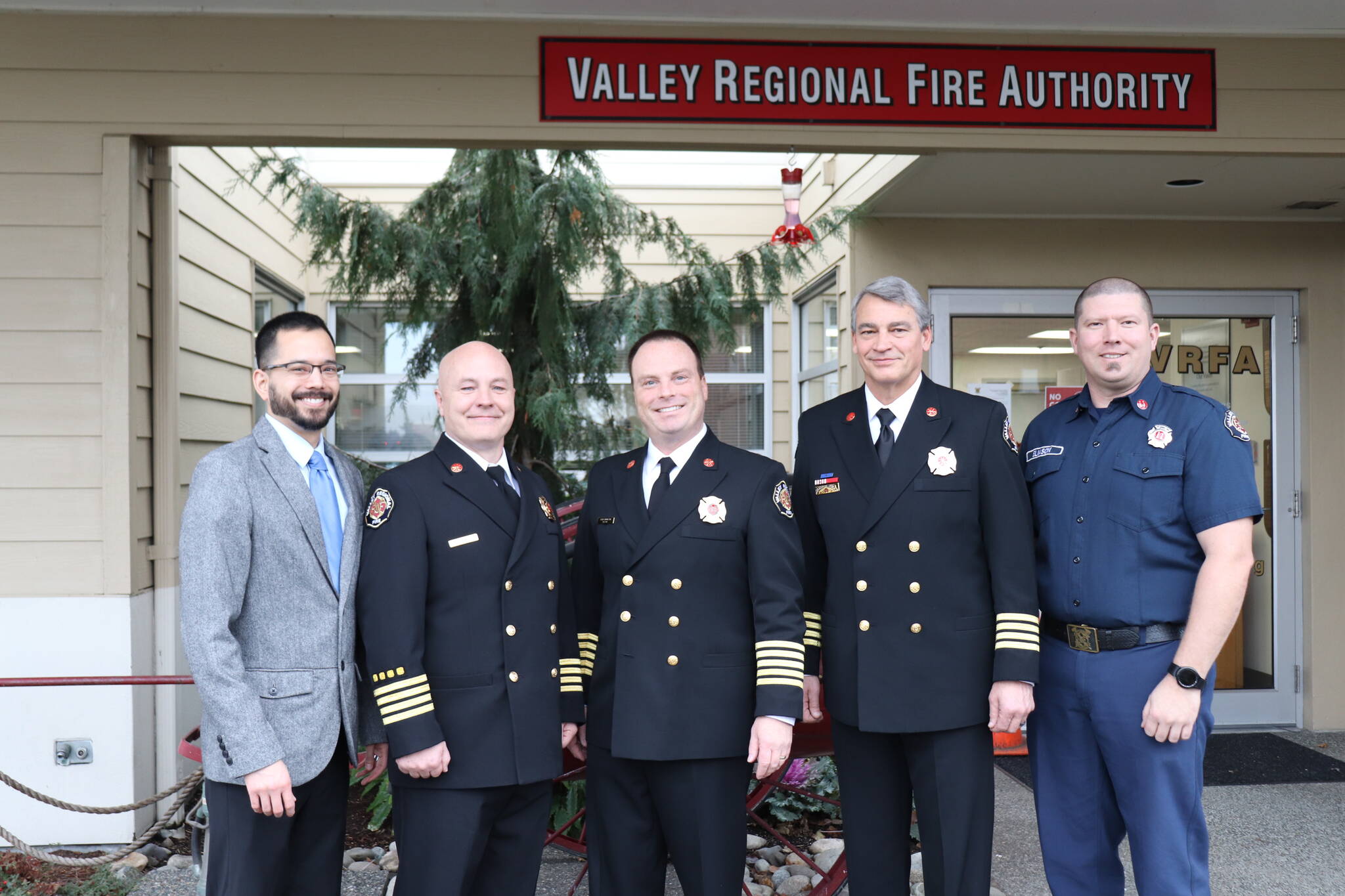Photo courtesy of Valley Regional Fire Authority
(Left to right) Data analyst Noah Chang, Deputy Chief Rick Olson, Fire Chief Brad Thompson, Deputy Chief Dave Larberg and Captain Tyler Eliason pose for a photo after receiving accreditation on Wednesday, Dec. 15, 2021.