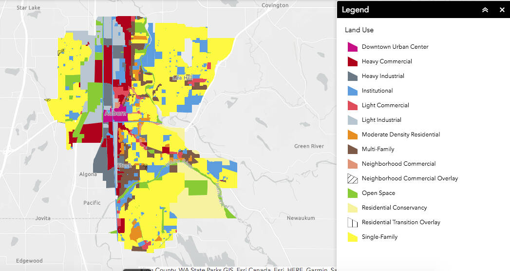 This is a screenshot of Auburn’s zoning map. Multi-family housing such as duplexes and triplexes are illegal in the bright yellow areas, but House Bill 1782 would change that if it’s passed in the state Legislature. Auburn Mayor Nancy Backus testified against bill on Jan. 18. (Screenshot)