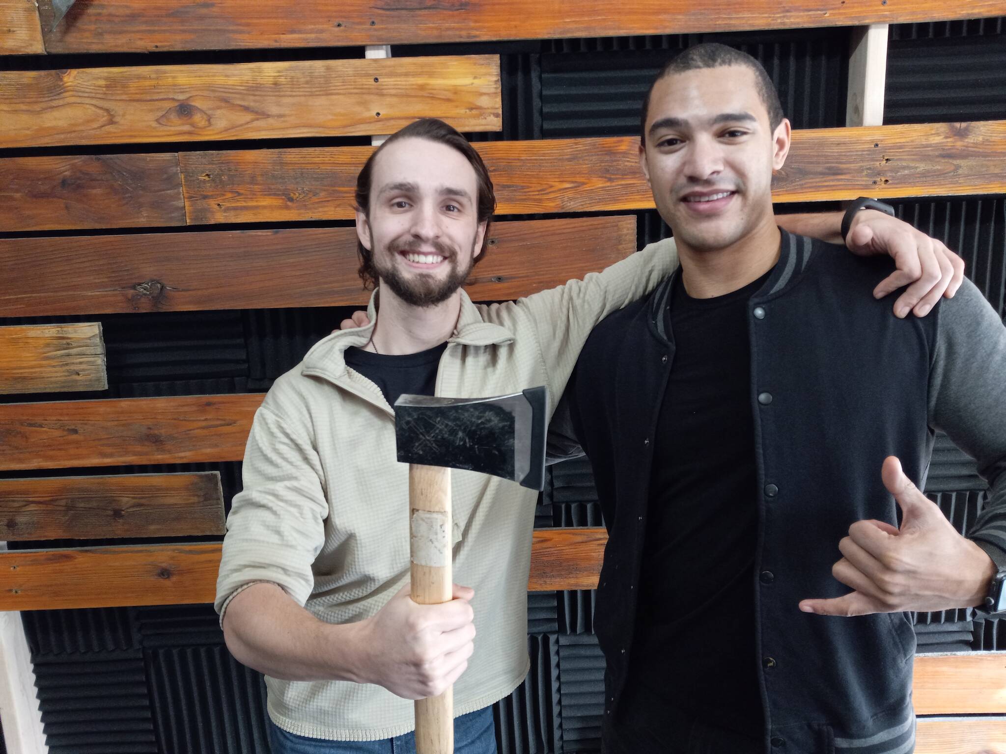 Duke Managhan, left, and his close friend and business partner, Vance Olsen, will open Auburn’s first and only axe-throwing range within two to three weeks on East Main Street. Photo by Robert Whale/Auburn Reporter