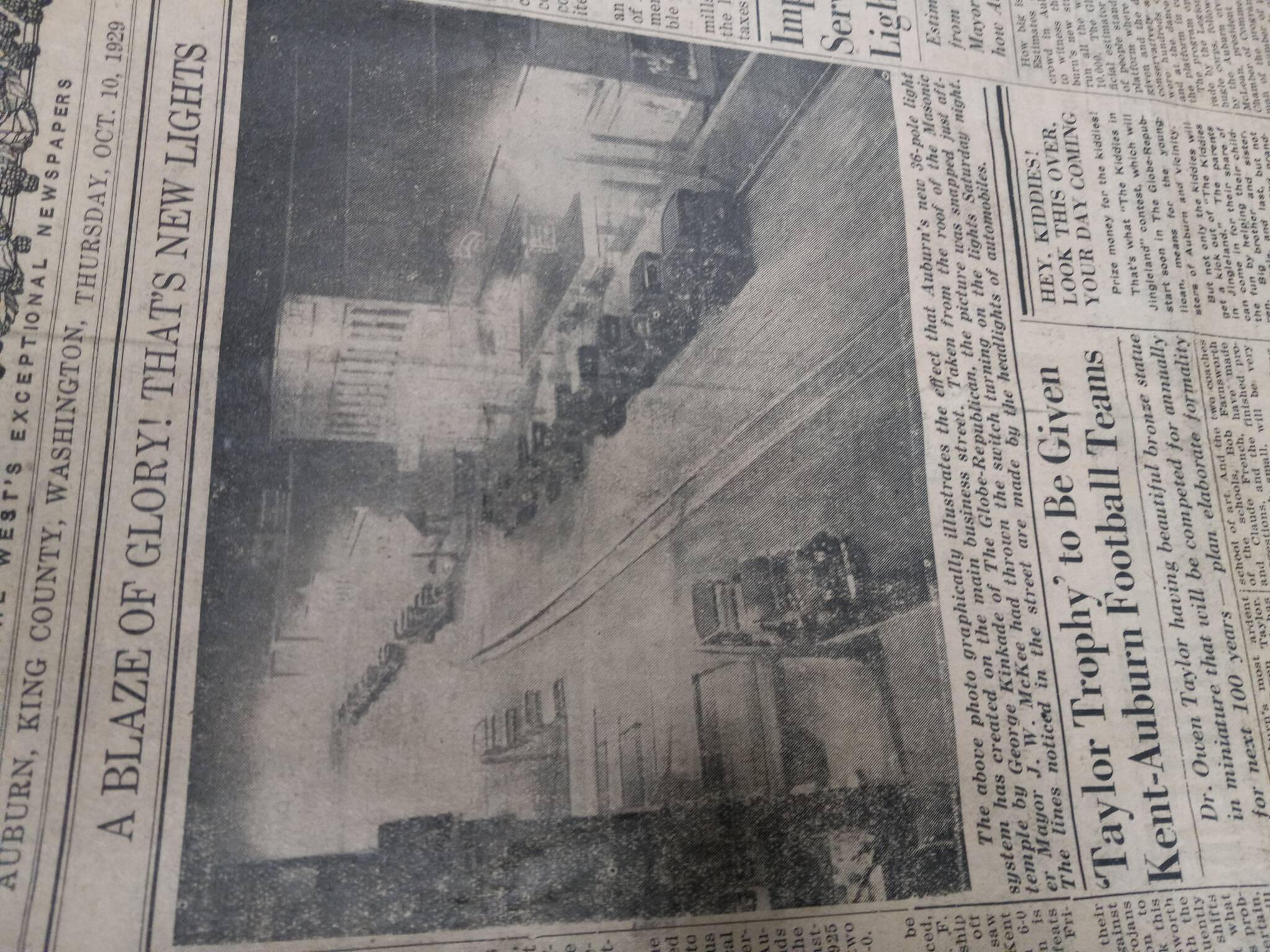 The front-page cover story in the Oct. 5, 1929 edition of the Auburn Globe Republican was all abuzz about the dedication two night’s previous of the city’s first ornamental lighting system in the downtown. Photo Courtesy White River Valley Museum.