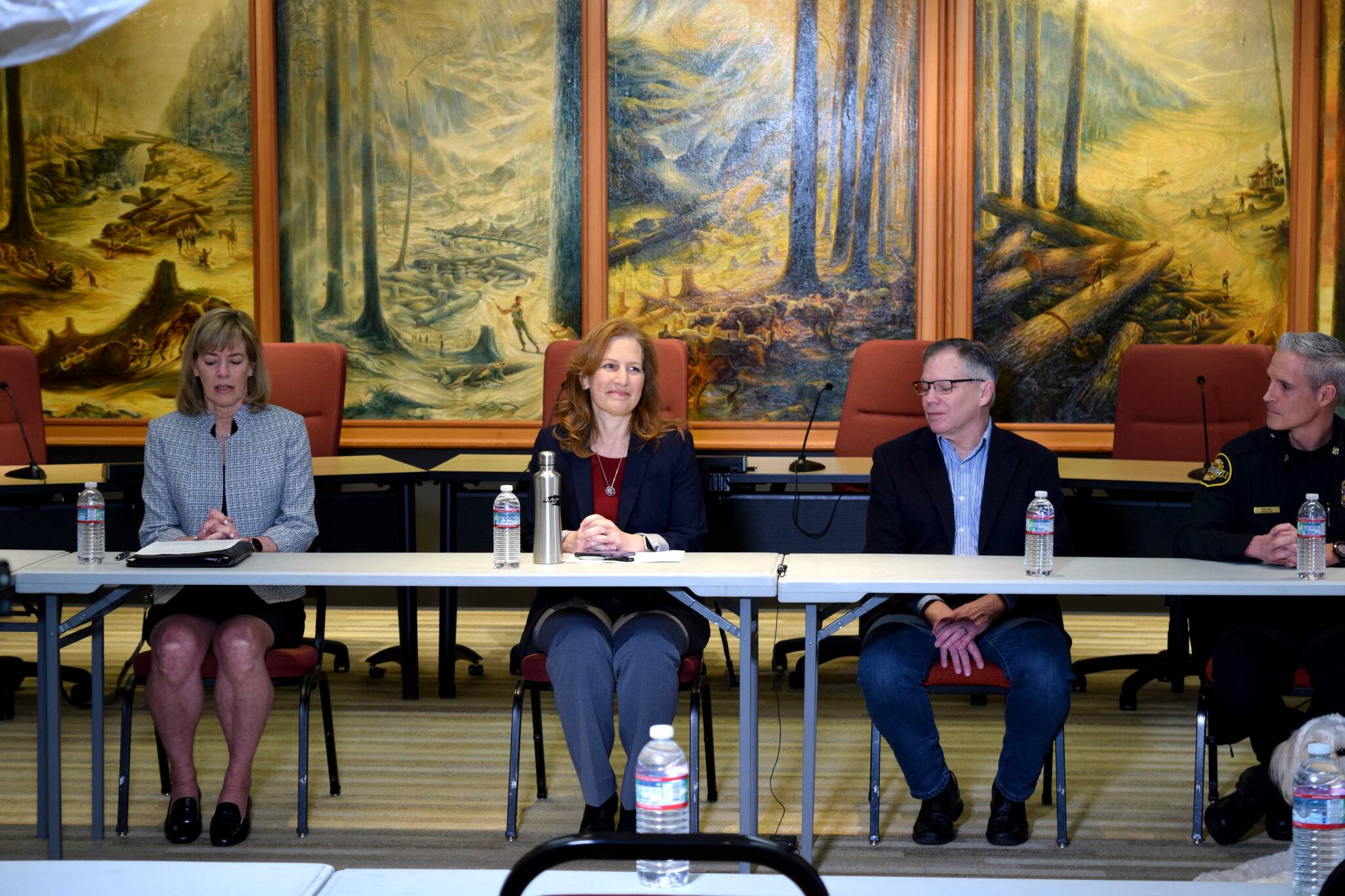 Photo by Conor Wilson/Valley Record
Federal, state and local leaders talk about State Route 18 at a roundtable discussion March 23 at Snoqualmie City Hall. From left: Snoqualmie Mayor Katherine Ross, U.S. Rep. Kim Schrier, State Rep. Bill Ramos, Eastside Fire Rescue Assistant Chief Ben Lane.