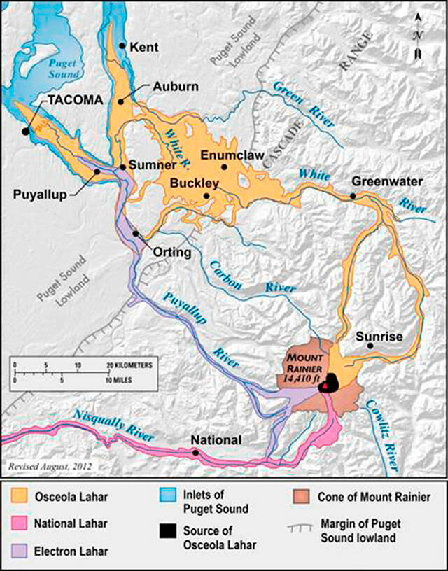 The USGS tracked how the Osceola Mudflow spread all over the Plateau and into the Sound more than 5,600 years ago. The Electron Mudflow went down the Puyallup River in the 1,500s. Image courtesy of the USGS.
