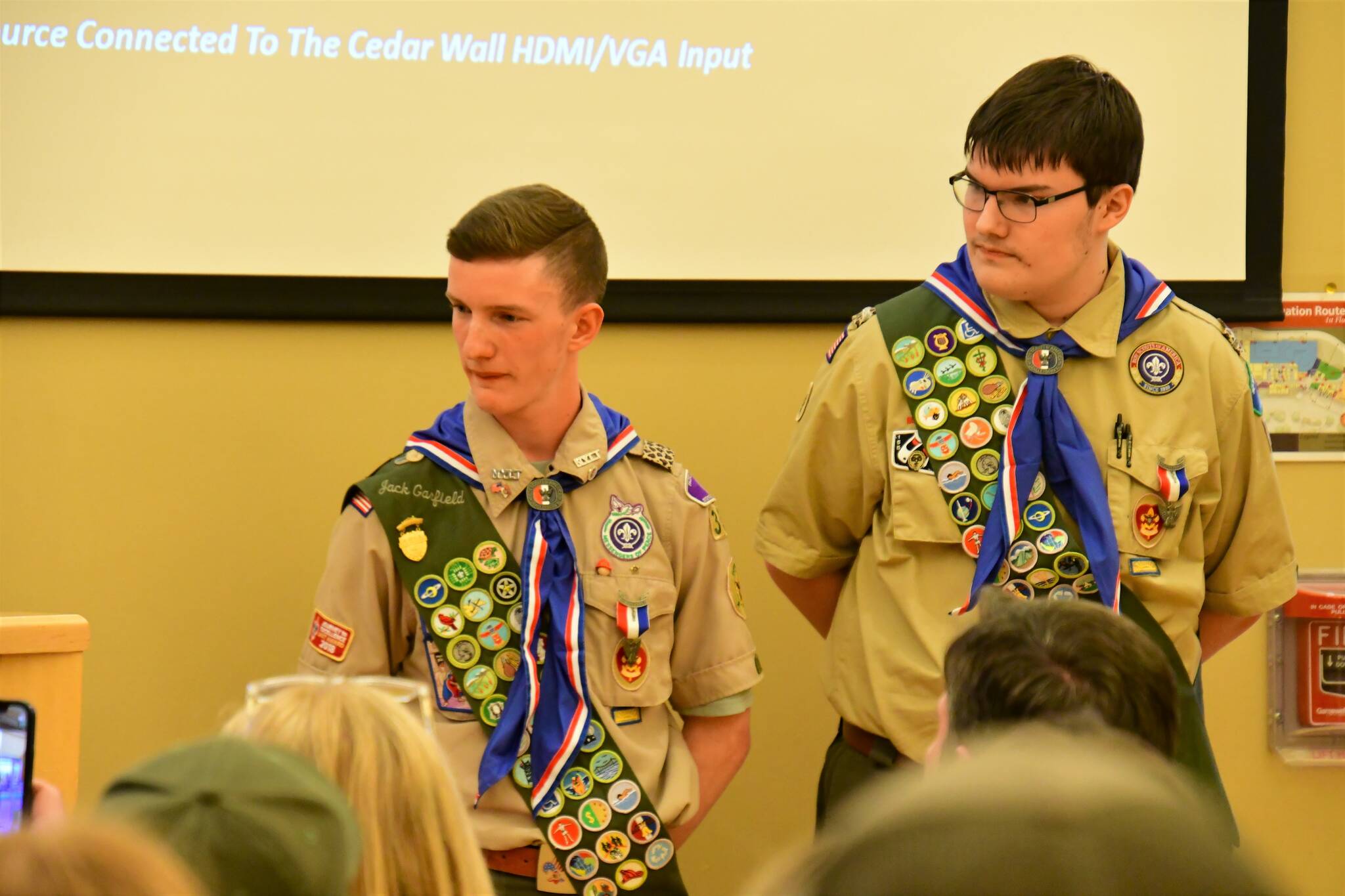 Jack Garfield, left, and Aydan Hoyt at the April 11 Eagle Court of Honor. Photo courtesy of Bruce Honda