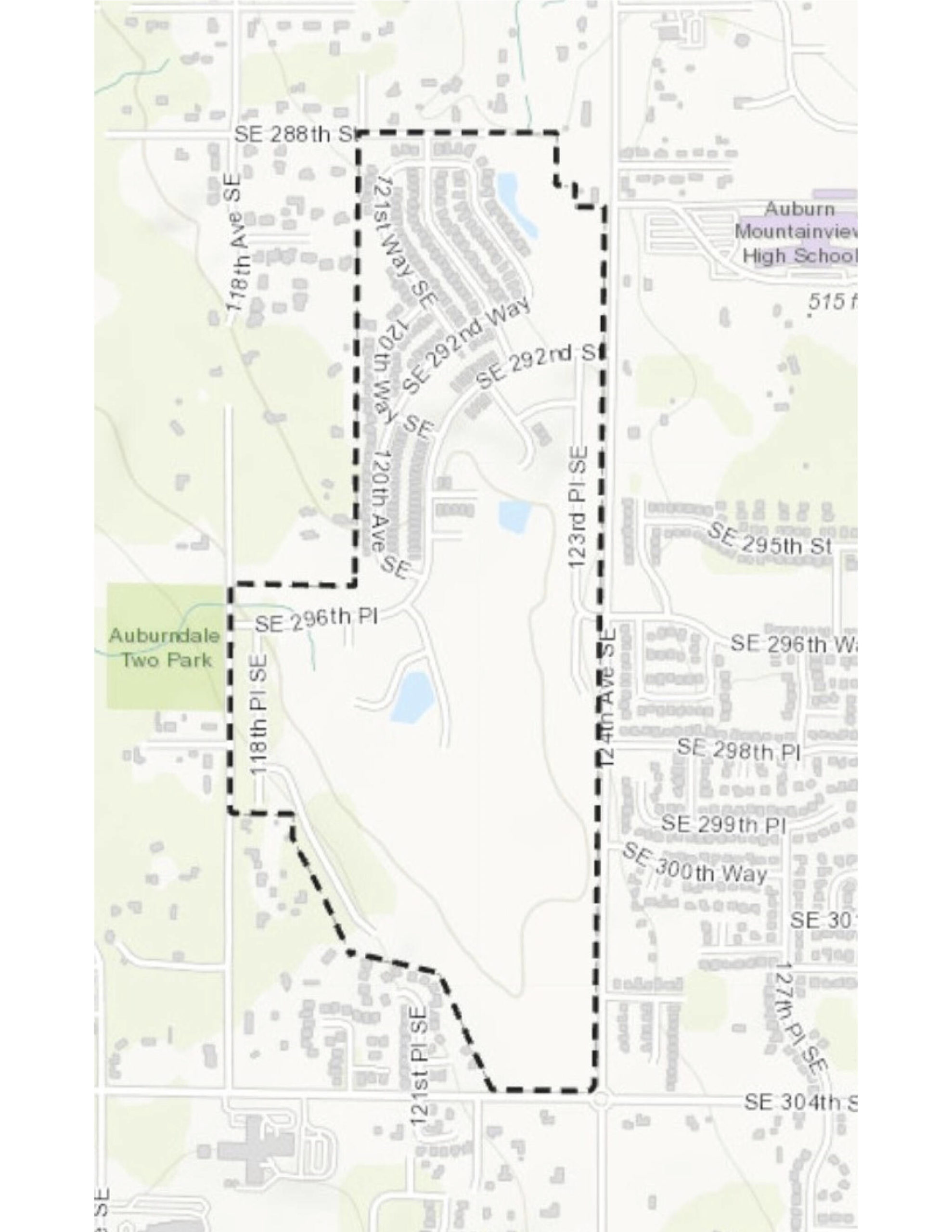 The area within the dotted line is a Kent neighborhood known as The Bridges, completely surrounded by Auburn. Courtesy image