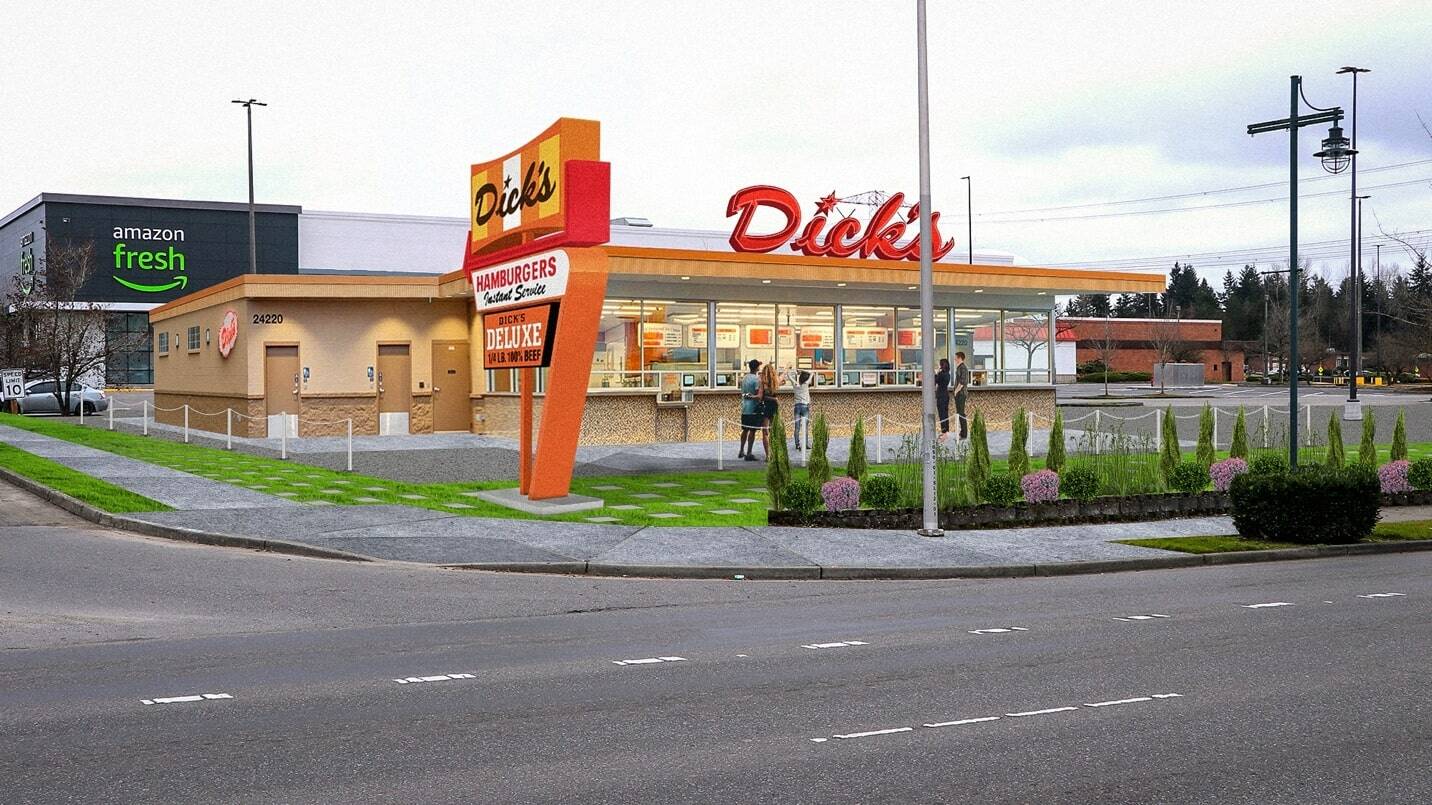 Photo courtesy of Dick’s Drive-In
Mock-up of the future Dick’s Drive-In in Federal Way, along Pacific Highway South and The Commons mall.