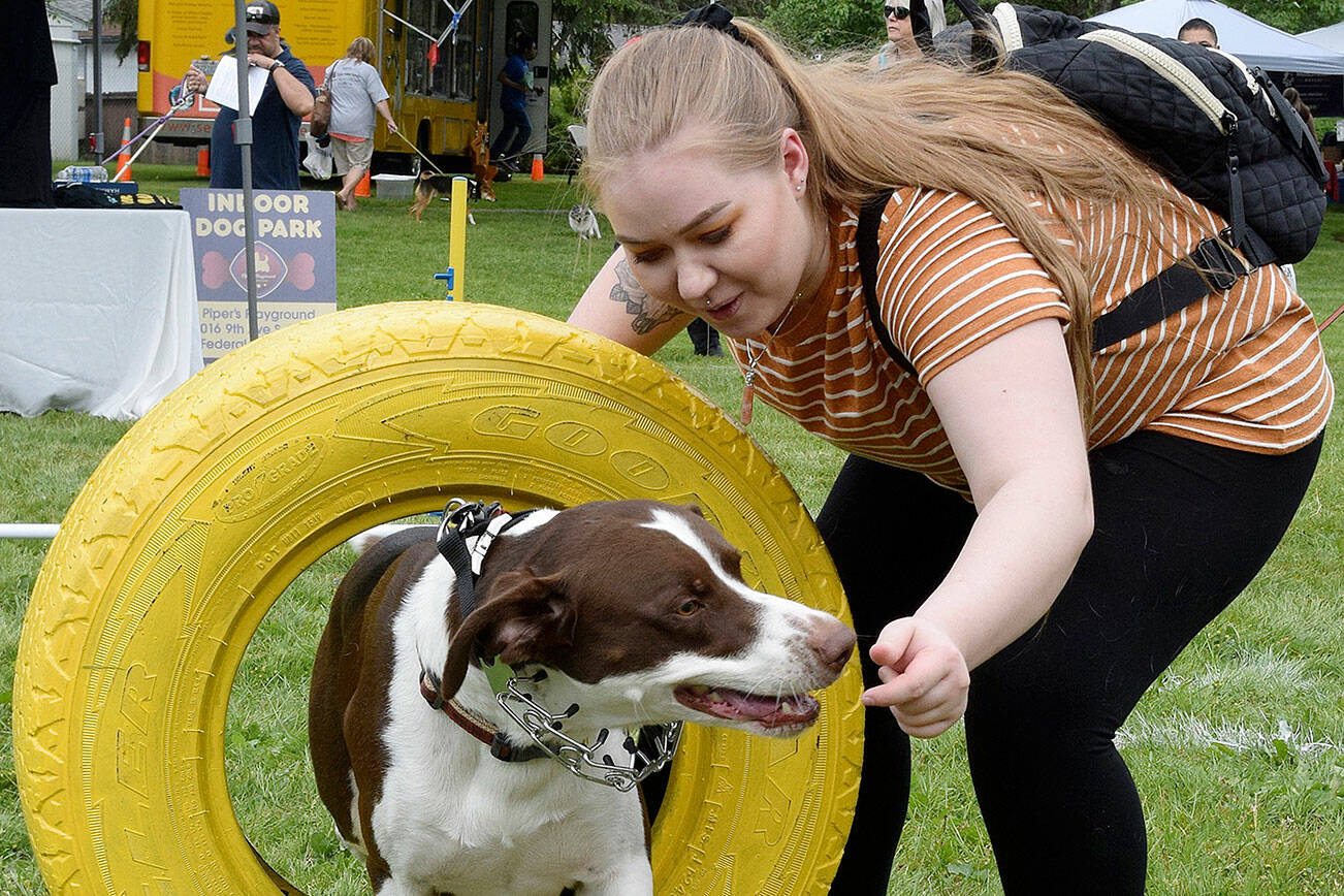 Emma Haddon has her dog Leo run through the tire. File photo