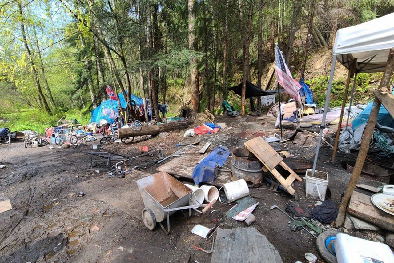 Trash and various debris at a Green River homeless encampment in unincorporated King County along 94th Place South between Kent and Auburn. COURTESY PHOTO, King County