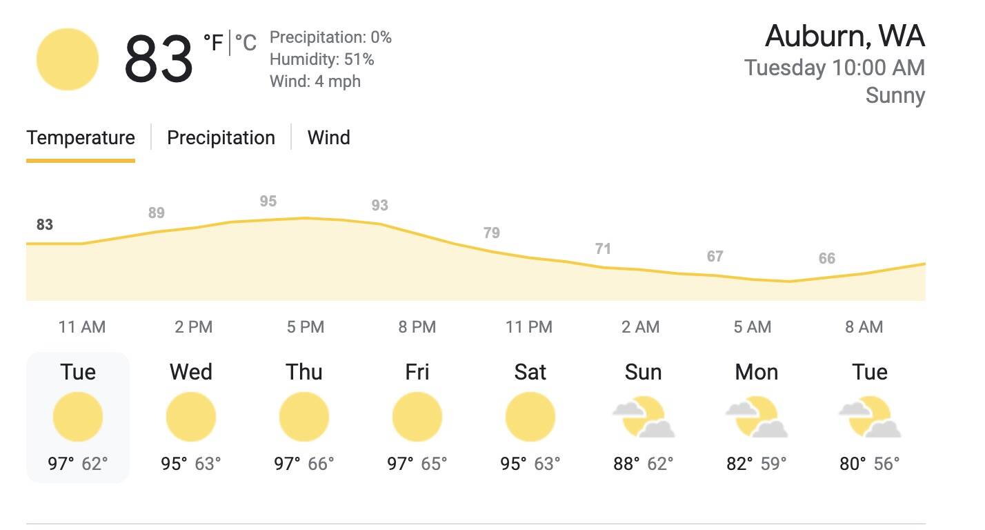 Auburn forecast shows highs in the mid to high 90s.