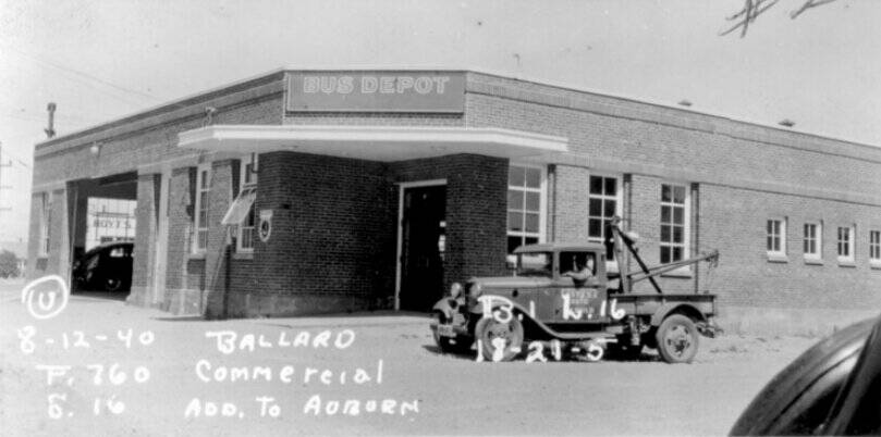 Auburn’s first bus depot, which once operated on the block where the Wells Fargo Bank is today on Auburn Avenue. Photo provided courtesy of Puget Sound Historical Archives.