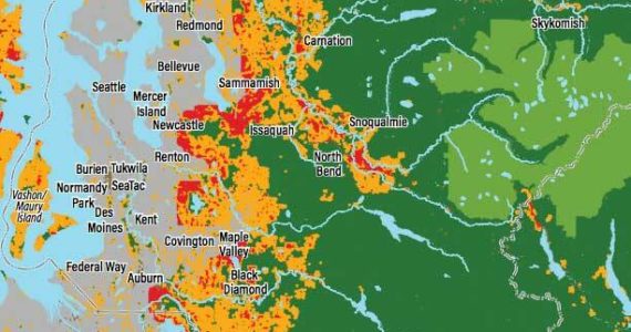 A map showing the expanding areas of wildfire risk in the region. Red areas indicate the greatest wildfire risk areas. (Courtesy of Washington Department of Natural Resources)