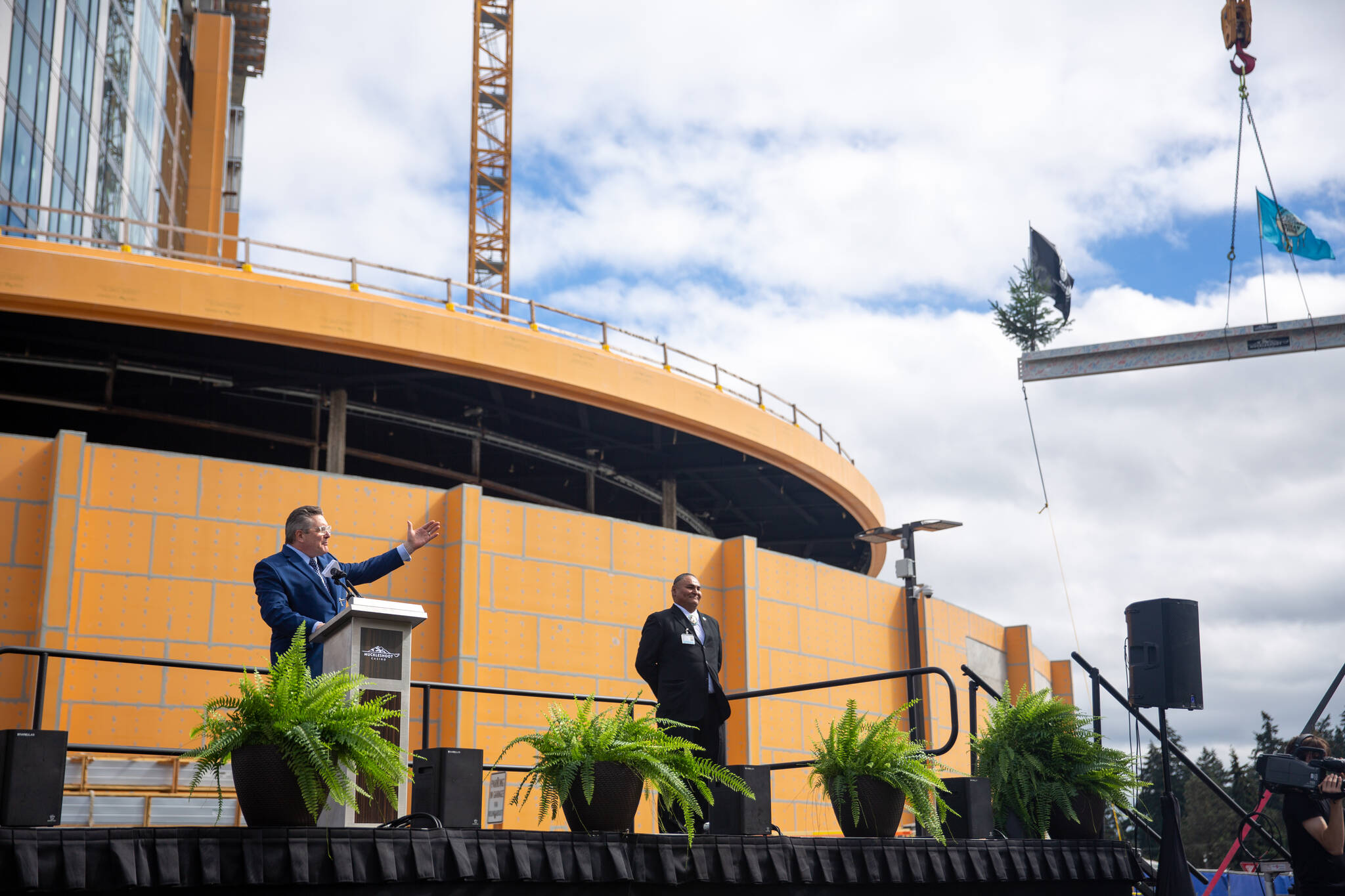 Muckleshoot Tribal leaders mark the hoisting into place of the final steel beam of the Muckleshoot Casino Resort and Hotel during a ceremony on Friday, Aug. 26. Photo courtesy of Ryan Davis, Smarthouse Creative.