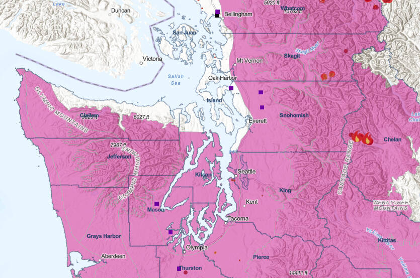 Areas colored pink are under a red flag warning for fire conditions over the Sept. 9-11 weekend. COURTESY GRAPHIC, State Department of Natural Resources