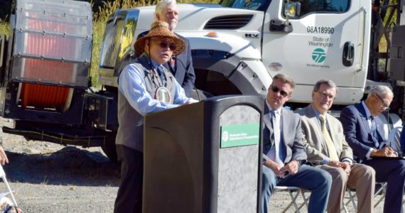 Conor Wilson / Valley Record
Snoqualmie Tribal Chairman Robert de los Angeles speaks at the I90/SR18 interchange ceremony.