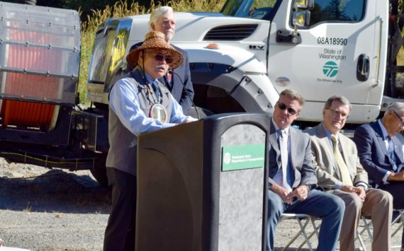 Conor Wilson / Valley Record
Snoqualmie Tribal Chairman Robert de los Angeles speaks at the I90/SR18 interchange ceremony.