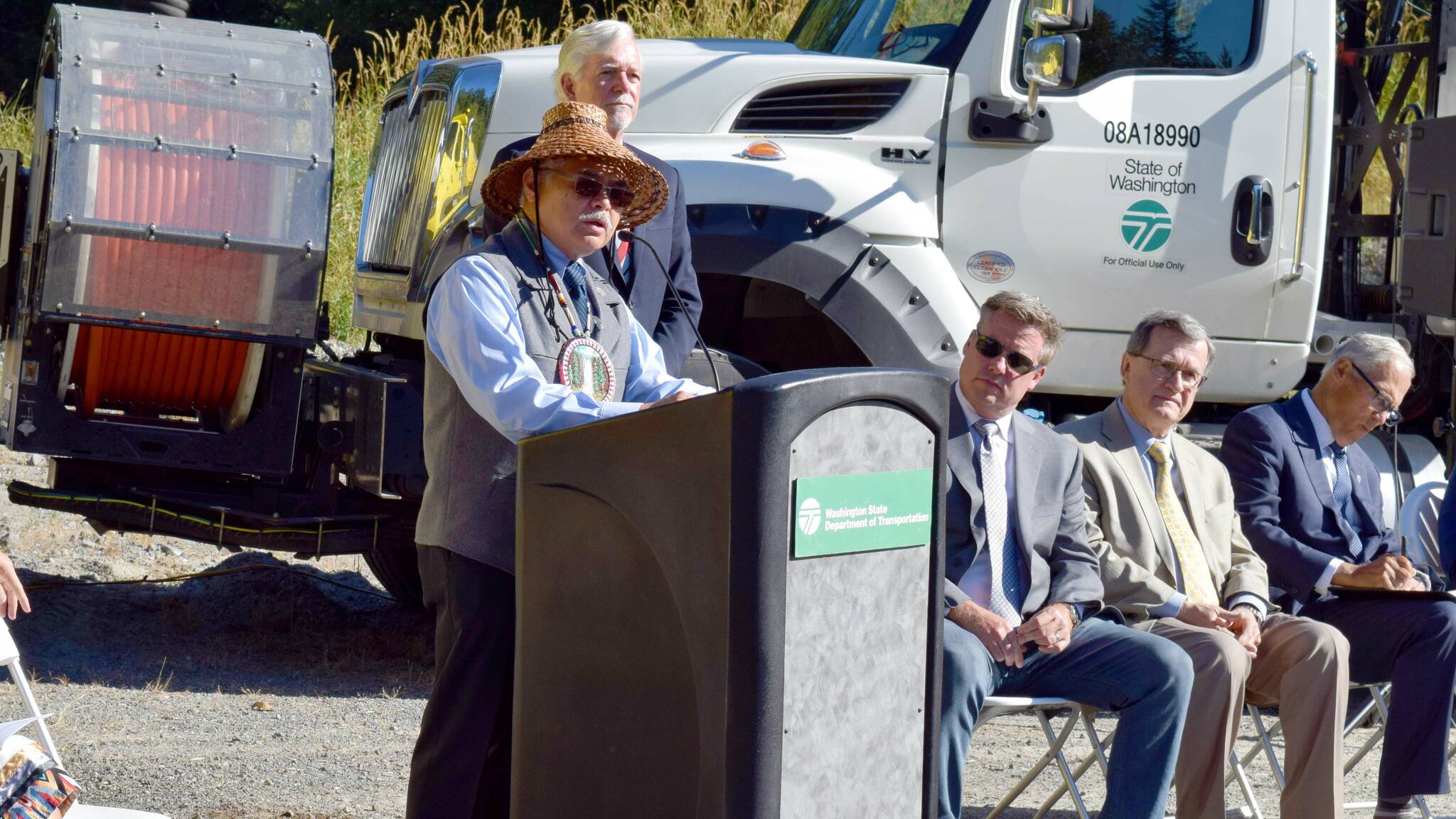 Conor Wilson / Valley Record
Snoqualmie Tribal Chairman Robert de los Angeles speaks at the I90/SR18 interchange ceremony.