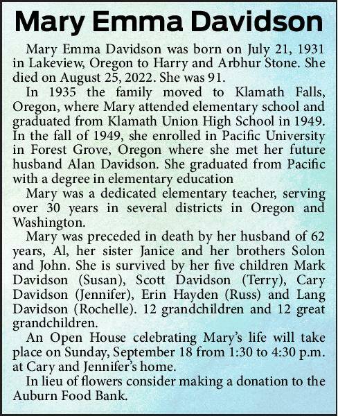 Mary Emma Davidson | Obituary