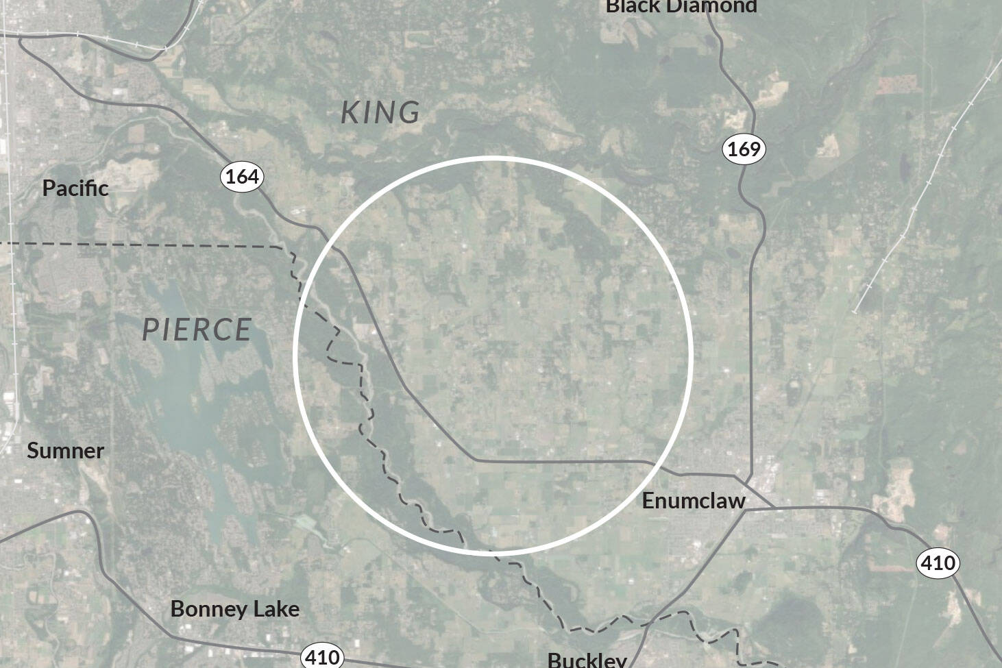 The Washington State Department of Transportation used this image in an online open house to show the approximate location that a “King County East” airport would be considered. The image reflects the general area the report considered and is not an exact snapshot of the hypothetical airport’s geographic footprint.