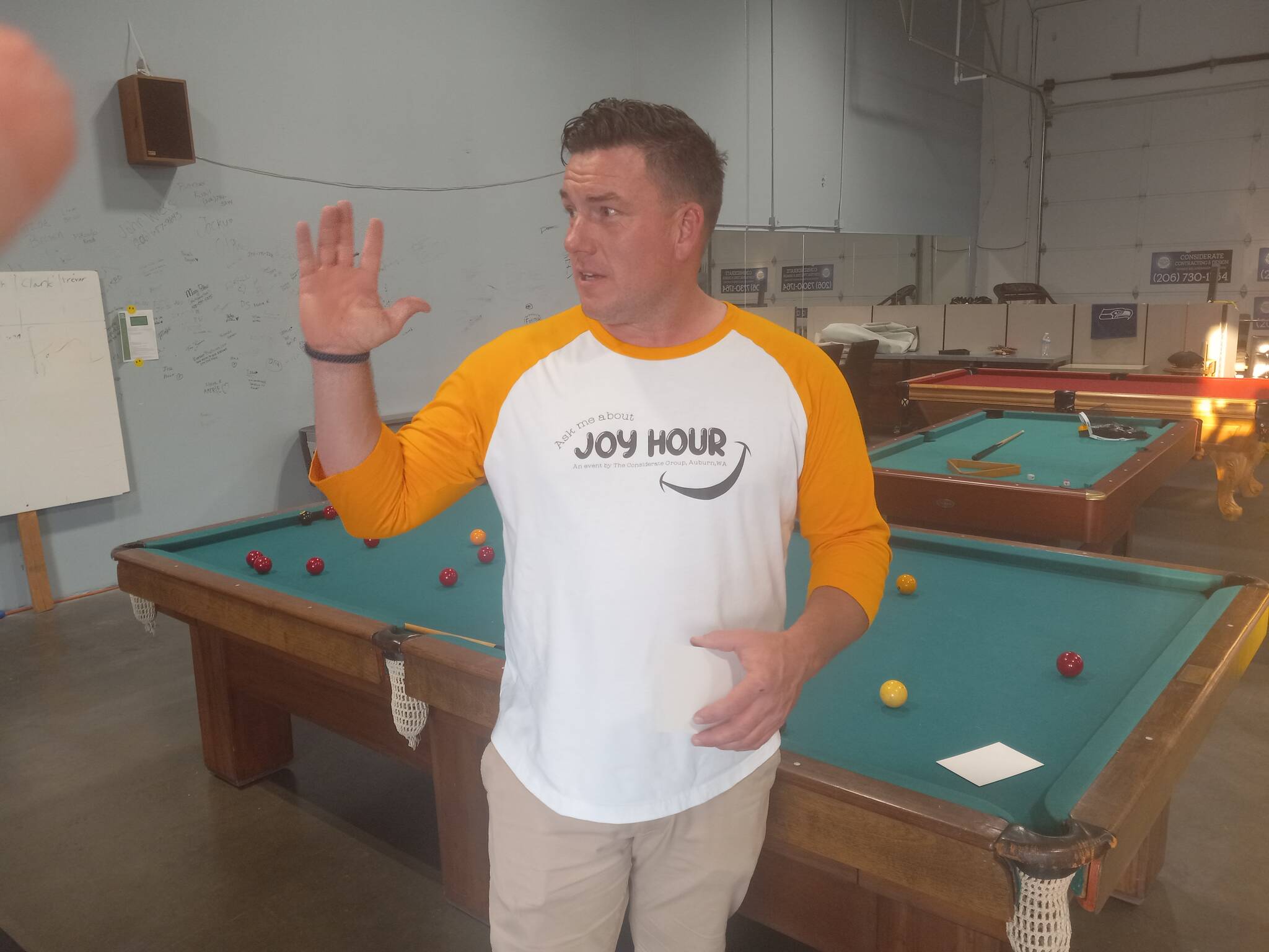Photo by Robert Whale, Auburn Reporter
Tom Lyman, owner of Considerate Construction in Auburn, founded Joy Hour last March to provide people an opportunity for fun without the need for alcohol, drugs or other addictions.