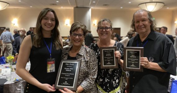 Photo by Terry Ward/Sound Publishing
From left, Assistant Editor Olivia Sullivan, Federal Way Mirror Sales Manager Cindy Ducich, Auburn Reporter Publisher Carol Greiling and the Kent Reporter’s Steve Hunter hold their General Excellence awards at the WNPA conference on Oct. 8.