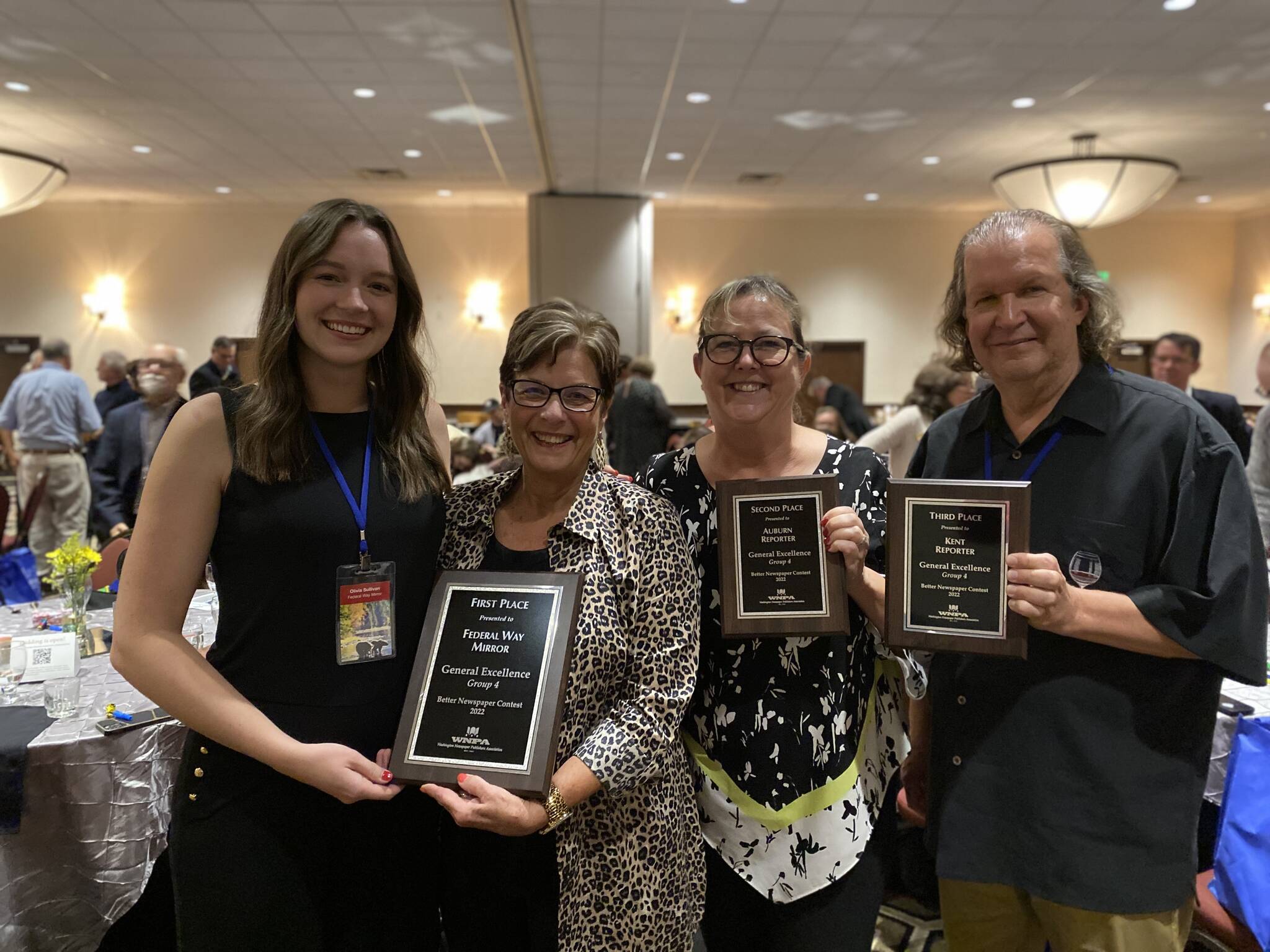 Photo by Terry Ward/Sound Publishing
From left, Assistant Editor Olivia Sullivan, Federal Way Mirror Sales Manager Cindy Ducich, Auburn Reporter Publisher Carol Greiling and the Kent Reporter’s Steve Hunter hold their General Excellence awards at the WNPA conference on Oct. 8.