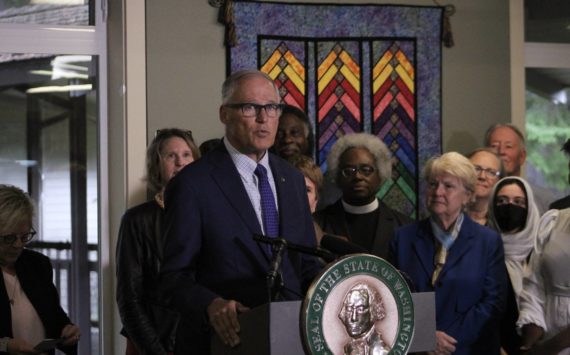 Gov. Jay Inslee speaks about protecting Washingtonians’ rights to abortion and gender-affirming care at Wayside United Church of Christ in Federal Way on Oct. 28 Olivia Sullivan/the Mirror