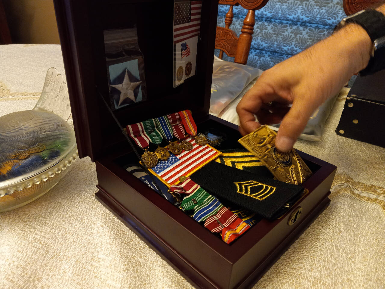 Chriss Moen’s medals from his service in the U.S. Army. Photo by Robert Whale/Auburn Reporter