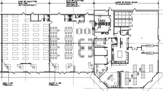 This plan shows the configuration of the future Auburn Food Bank, right, and the combined night shelter and resource center. Photo courtesy City of Auburn.