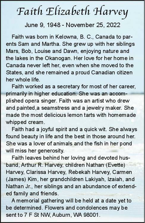 Faith Elizabeth Harvey | Obituary