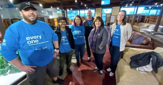 The hard-working staff of Habitat for Humanity’s Auburn thrift store includes, from left, Carlos Sanchez, Charlie Navarro, Alison Burgoyne, John Hanson, Crystal Bareno and Amy Sullivan. Photo by Robert Whale, Auburn Reporter