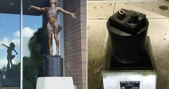 Over the weekend, a thief or thieves stole the bronze sculpture of a girl, Joie de Vivre, crafted by Seattle artist David Varnau that had graced the front of the Auburn Community Center since 2017. Courtesy photo.