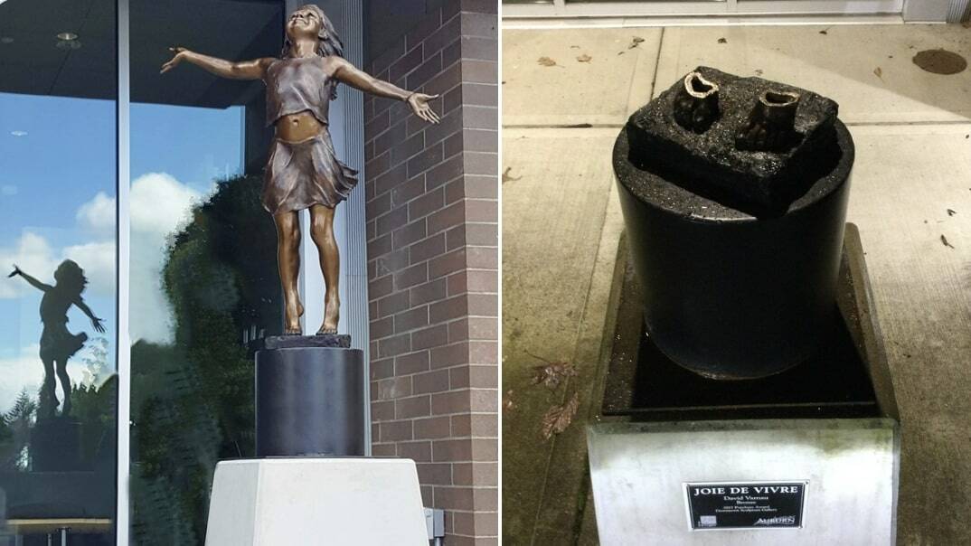 Over the weekend, a thief or thieves stole the bronze sculpture of a girl, Joie de Vivre, crafted by Seattle artist David Varnau that had graced the front of the Auburn Community Center since 2017. Courtesy photo.