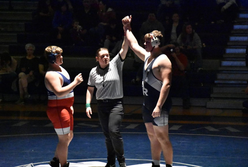 <p>Sr. Nathan Pritchard being crowned the winner of his match against Kennedy. Ben Ray/The Reporter</p>