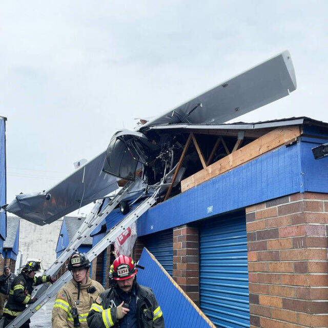 A small plane crashed Jan. 7 into a storage unit roof in Kent after takeoff from the Auburn Municipal Airport. COURTESY PHOTO, Puget Sound Fire