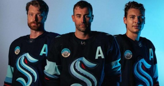 The Muckleshoot Tribe on Feb. 22 became the Seattle Kraken’s first-ever jersey patch partner, and the first tribe to hold this honor in the National Hockey League. Photo courtesy Seattle Kraken and NHL.