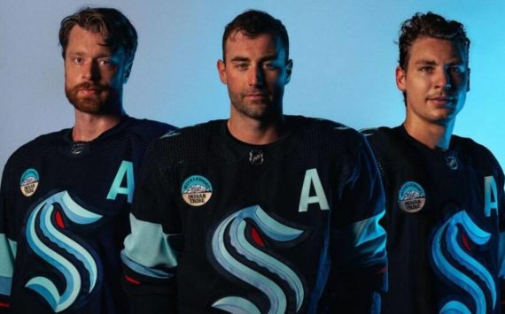The Muckleshoot Tribe on Feb. 22 became the Seattle Kraken’s first-ever jersey patch partner, and the first tribe to hold this honor in the National Hockey League. Photo courtesy Seattle Kraken and NHL.