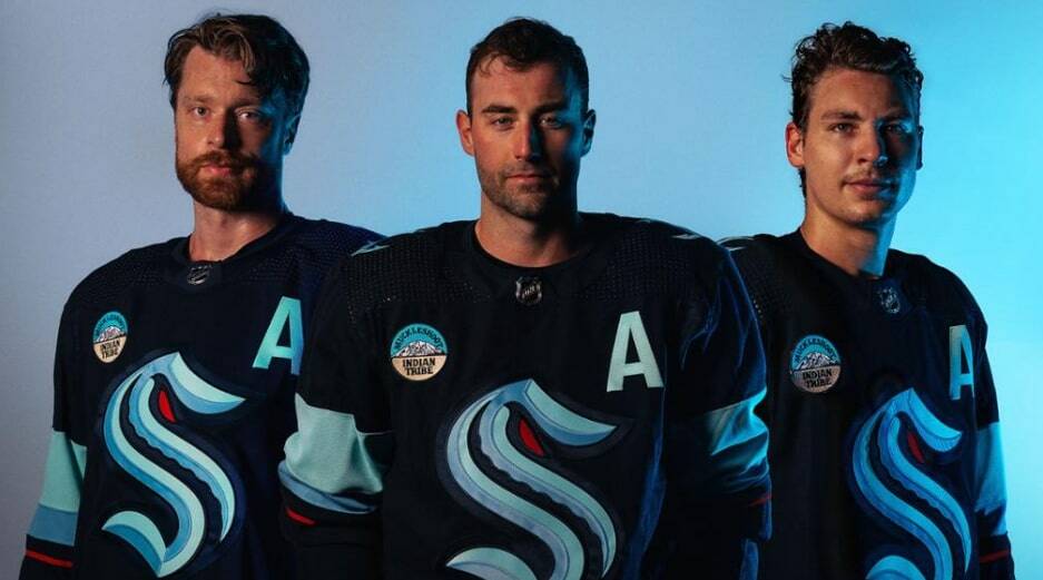 The Muckleshoot Tribe on Feb. 22 became the Seattle Kraken’s first-ever jersey patch partner, and the first tribe to hold this honor in the National Hockey League. Photo courtesy Seattle Kraken and NHL.