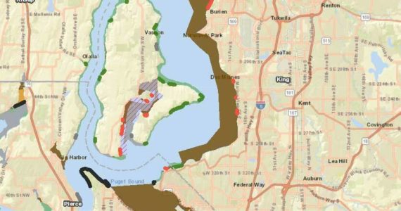 Brown areas indicate where shellfish harvesting is closed due to pollution. (Screenshot from Washington Shellfish Safety Map)