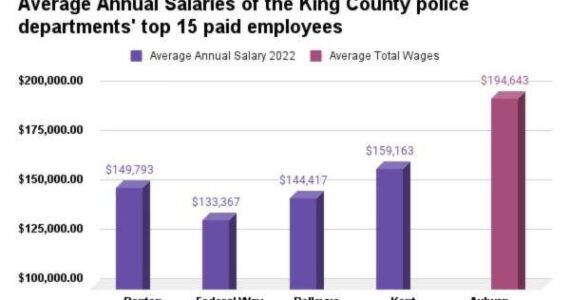 Average annual salaries of the King County police departments’ top 15 paid employees per department (By Benjamin Leung)
