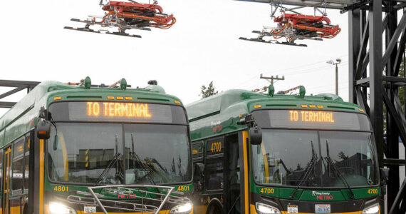 King County Metro battery-electric coaches at Metro’s South Base in Tukwila. COURTESY FILE PHOTO, King County Metro