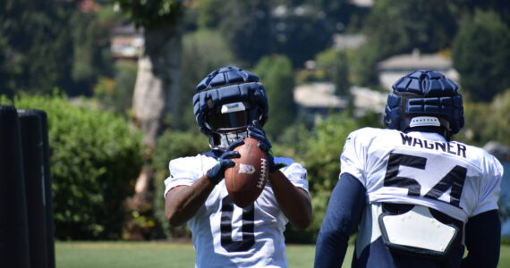 Devin Bush in front, working on his hands with fellow linebacker Bobby Wagner. (Photos by Ben Ray/Sound Publishing)