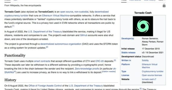 Screenshot of Tornado Cash’s Wikipedia page.