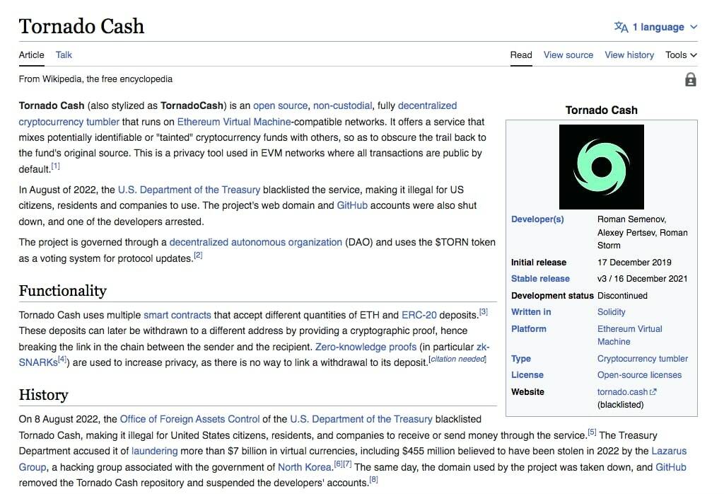 Screenshot of Tornado Cash’s Wikipedia page.