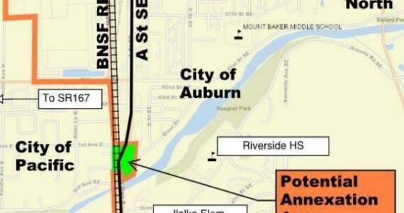 This map shows the annexation area where Auburn is proposing to facilitate the construction of access improvements to enable people to cross the BNSF tracks and A Street Southeast safely. Map courtesy City of Auburn.