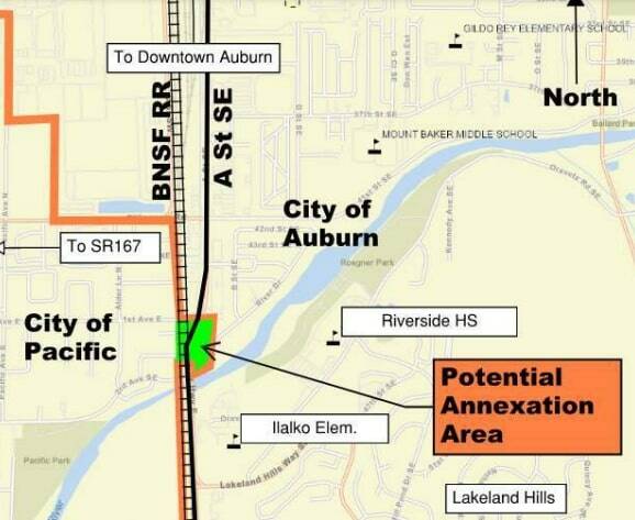 Map courtesy City of Auburn
This map shows the annexation area where Auburn is proposing to facilitate the construction of access improvements to enable people to cross the BNSF tracks and A Street Southeast safely.