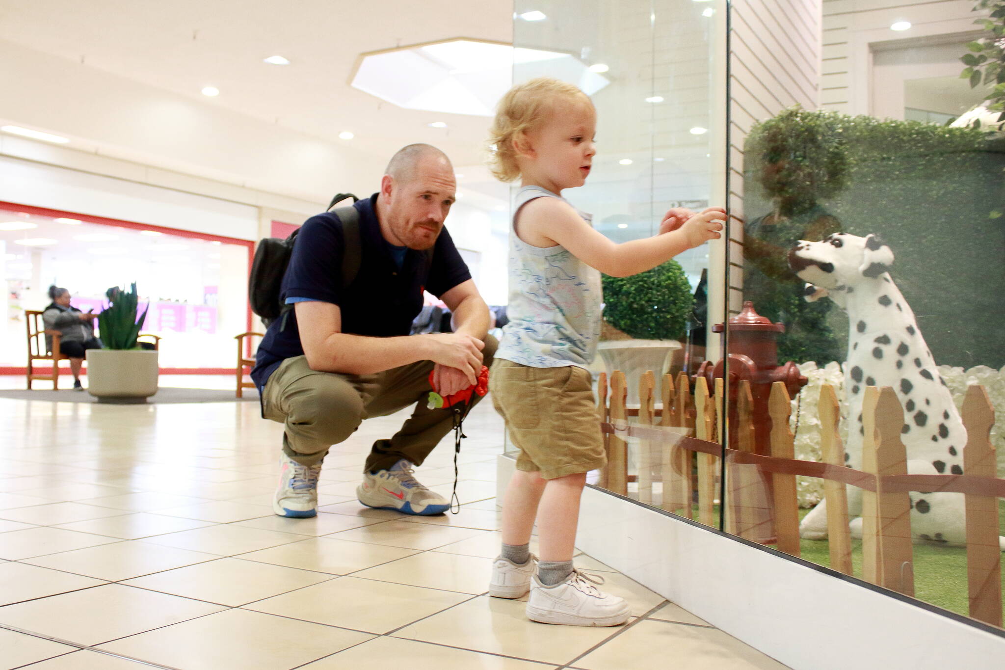 Photo by Keelin Everly-Lang / Sound Publishing
Jared Gloster and son Gavin enjoy a display of life size toy dogs at the Commons Mall in Federal Way.
