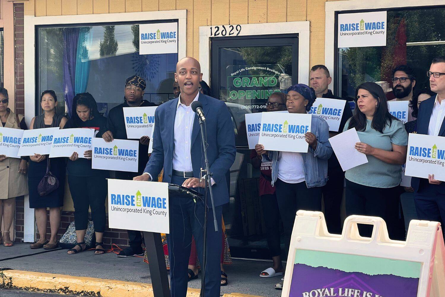 King County Councilmember Girmay Zahilay speaks at Sept. 7 press conference in Skyway with colleagues, small business owners, and union representatives in support of a minimum wage increase. (Cameron Sheppard/Sound Publishing)