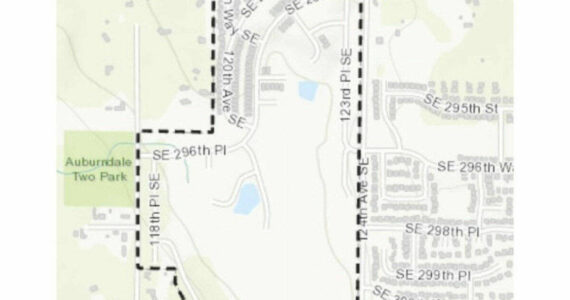 COURTESY IMAGE
The area within the dotted line is a Kent neighborhood known as The Bridges, completely surrounded by Auburn.